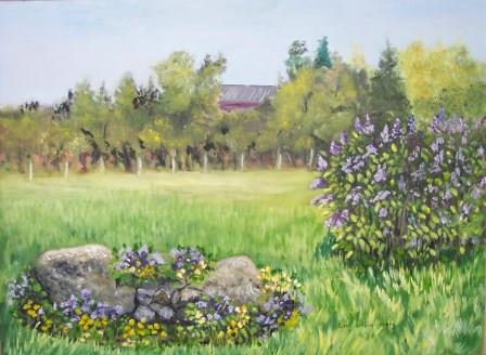Painting of flowers in farm field